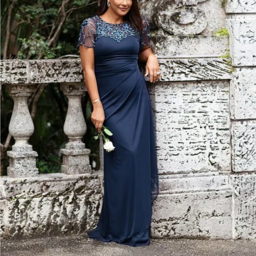 Elegant Navy Evening Gown with Beautiful Beaded Neckline and Flutter Sleeves